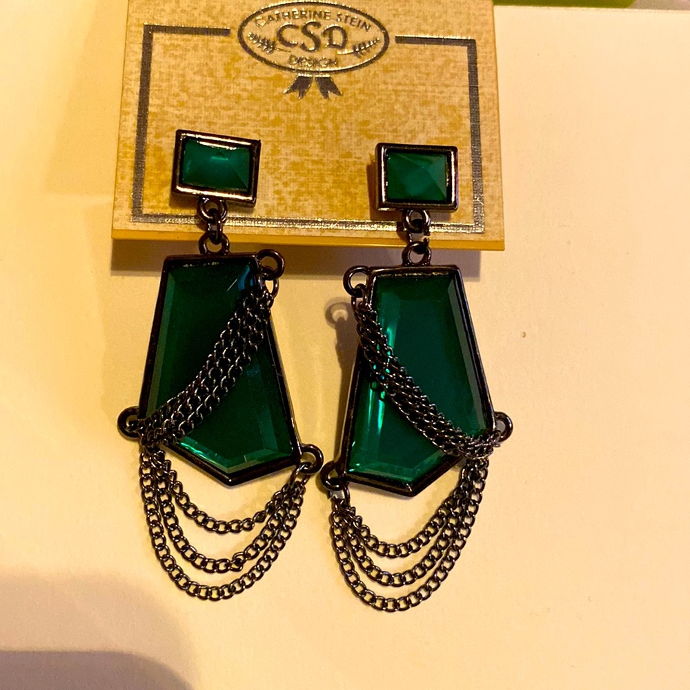 Catherine Stein Green Gemstone Dangle Chain Earrings Teal & silver